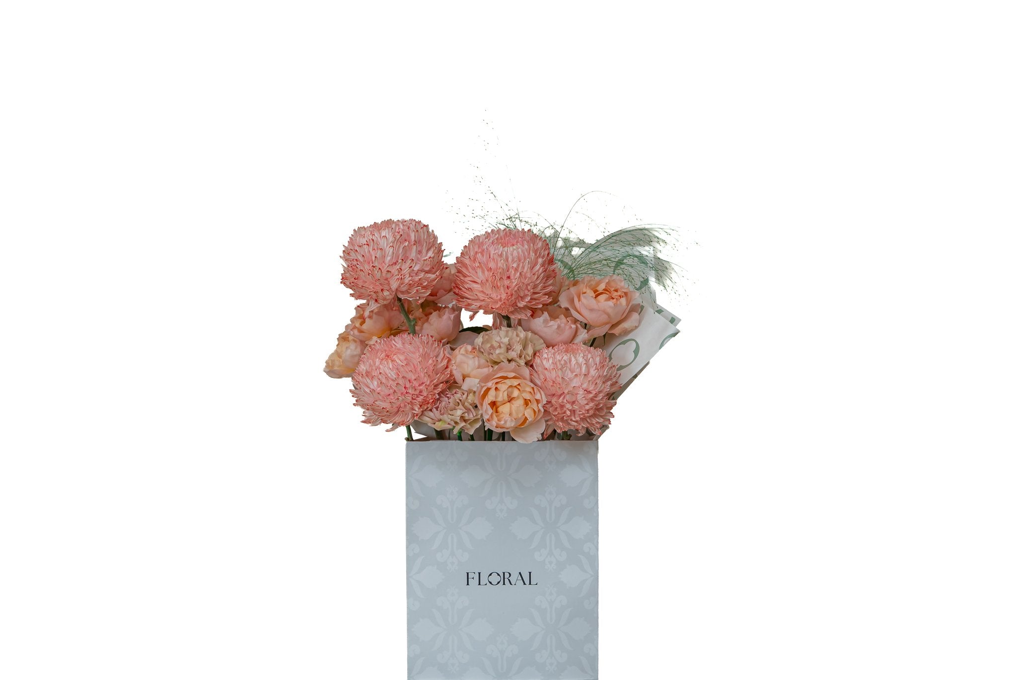Amber Bloom by FLORAL: coral chrysanthemums and peach garden roses