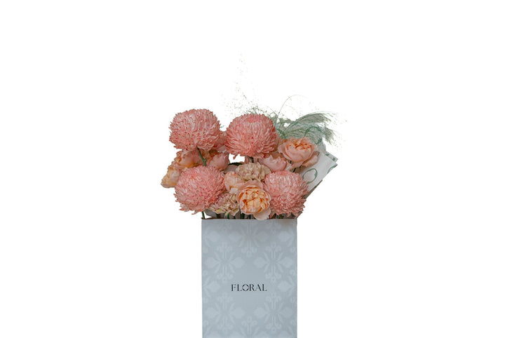 Amber Bloom by FLORAL: coral chrysanthemums and peach garden roses