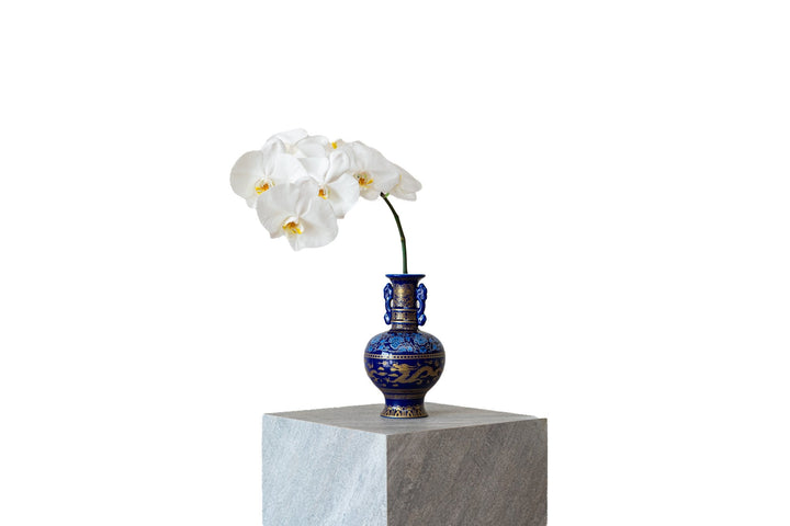 Blue Imperial by FLORAL: white phalaenopsis orchid stem in a cobalt blue and gold porcelain vase with dragon motif