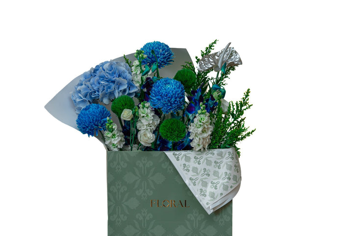 Blue Ocean by FLORAL: blue hydrangea and blue chrysanthemums