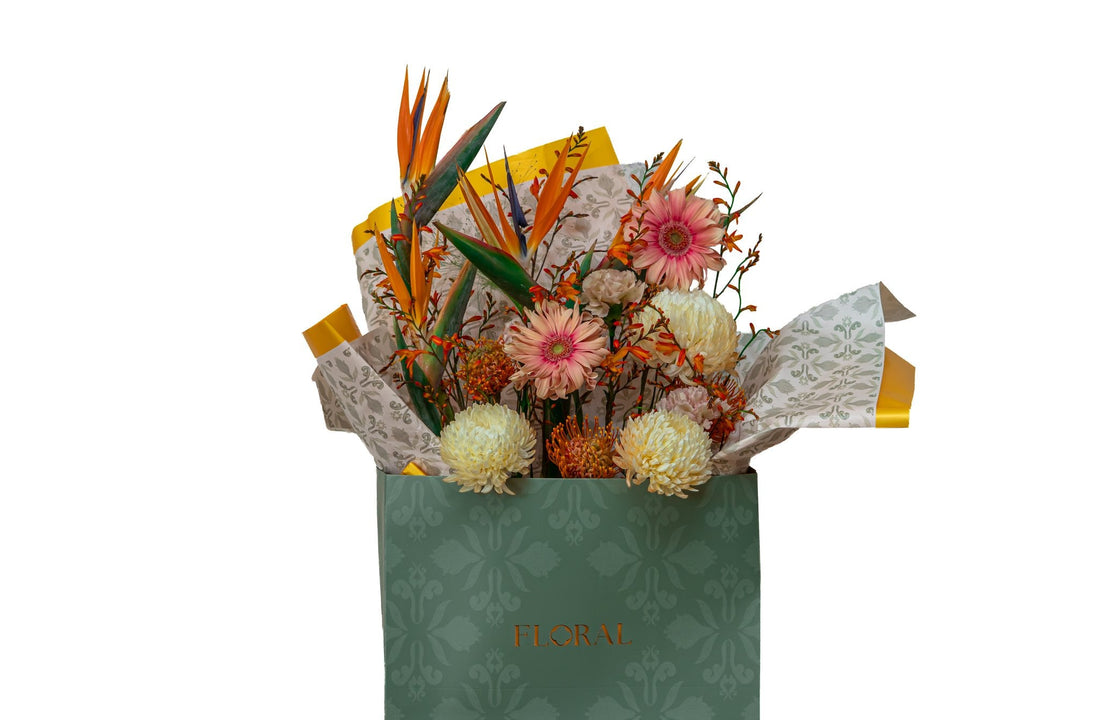 Golden Sunset by FLORAL: bird of paradise and orange crocosmia