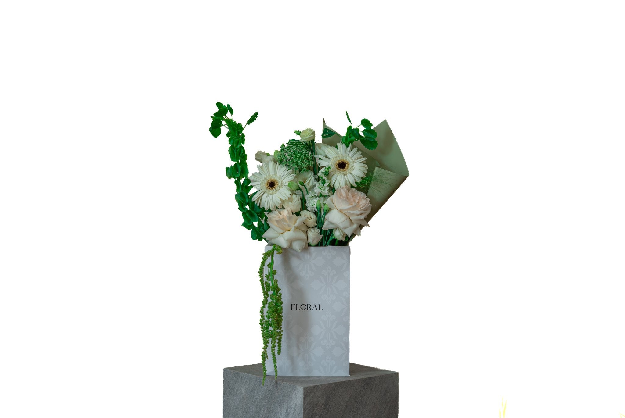 Jade Garden by FLORAL: white gerberas and cream garden roses