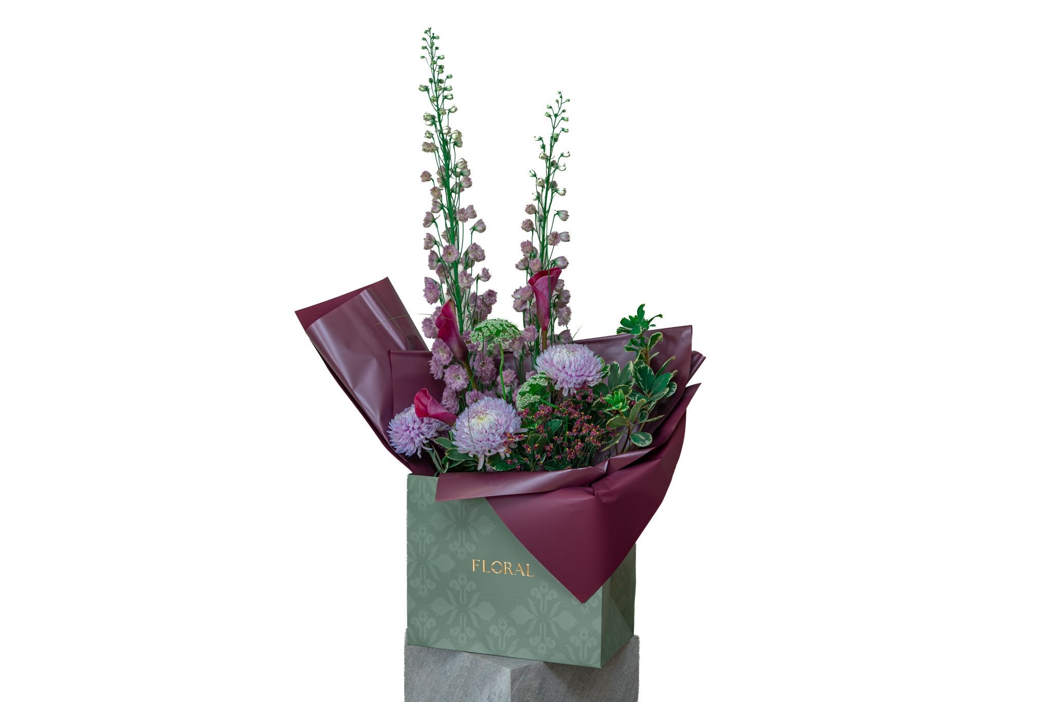 Midnight Burgundy by FLORAL: dusty mauve delphinium and burgundy calla lilies