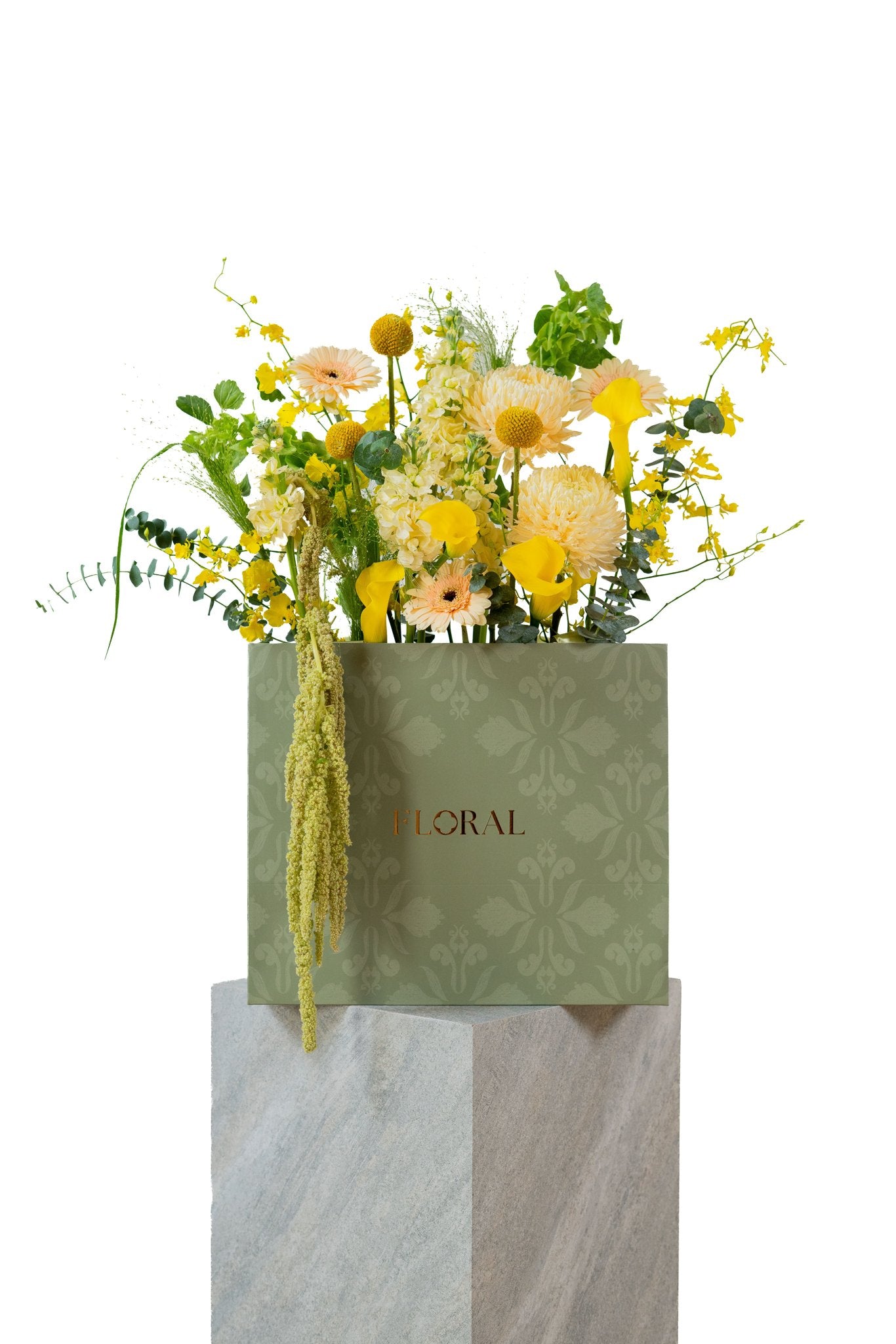 Royal Canary by FLORAL: yellow calla lilies and peach gerberas