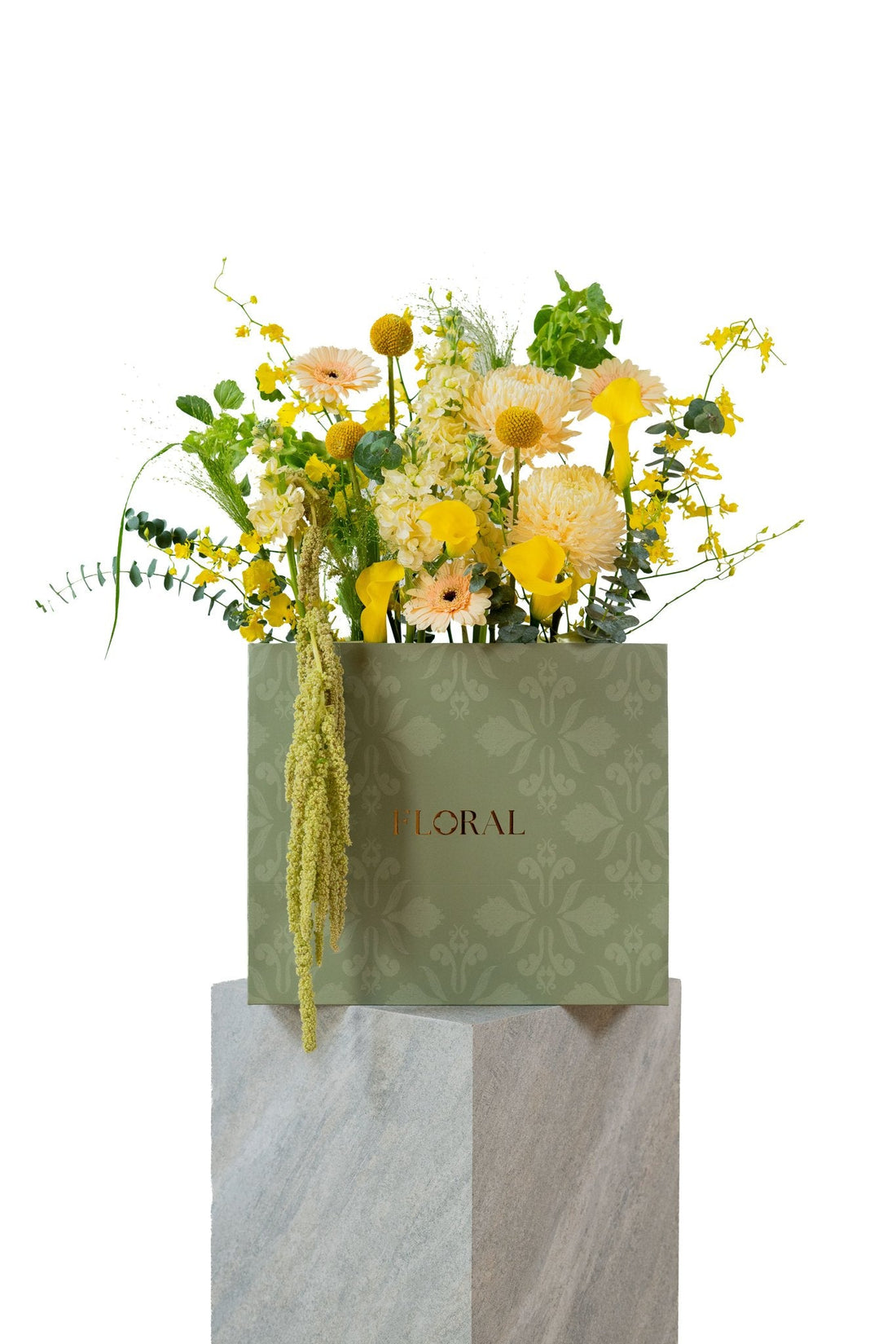 Royal Canary by FLORAL: yellow calla lilies and peach gerberas