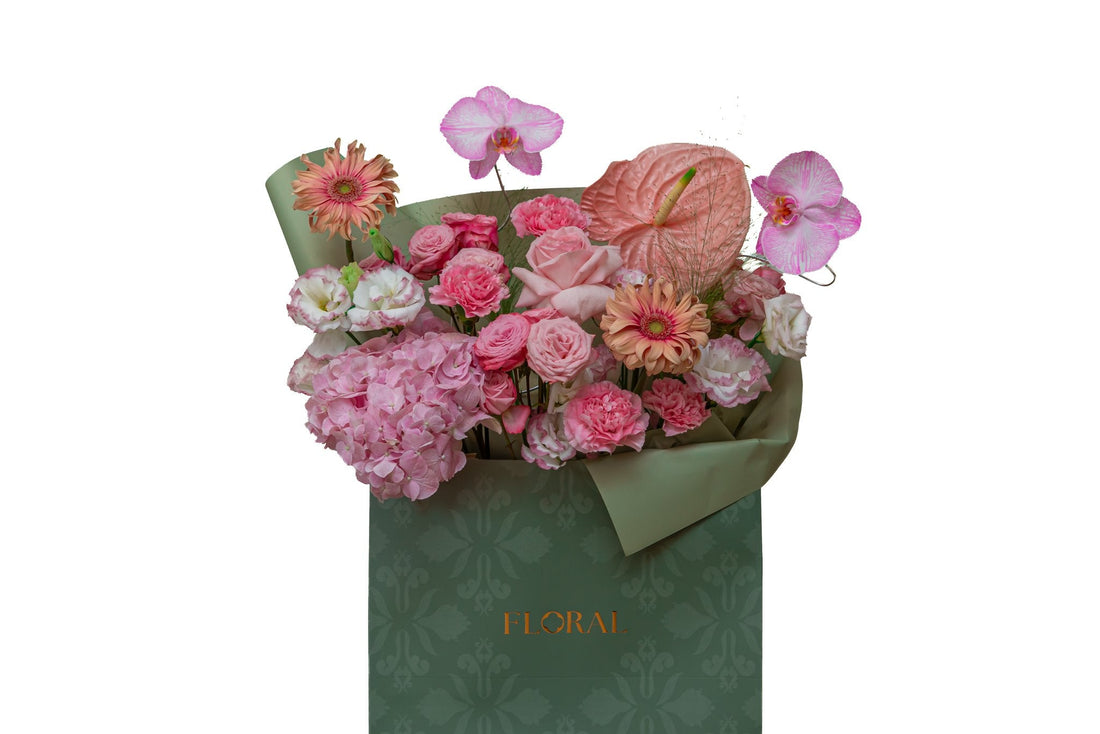 Scarlet Passion by FLORAL: pink phalaenopsis orchids and peach anthurium