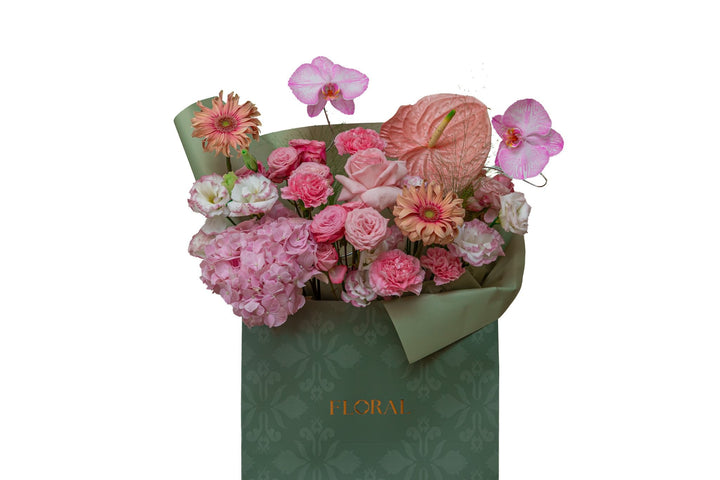 Scarlet Passion by FLORAL: pink phalaenopsis orchids and peach anthurium