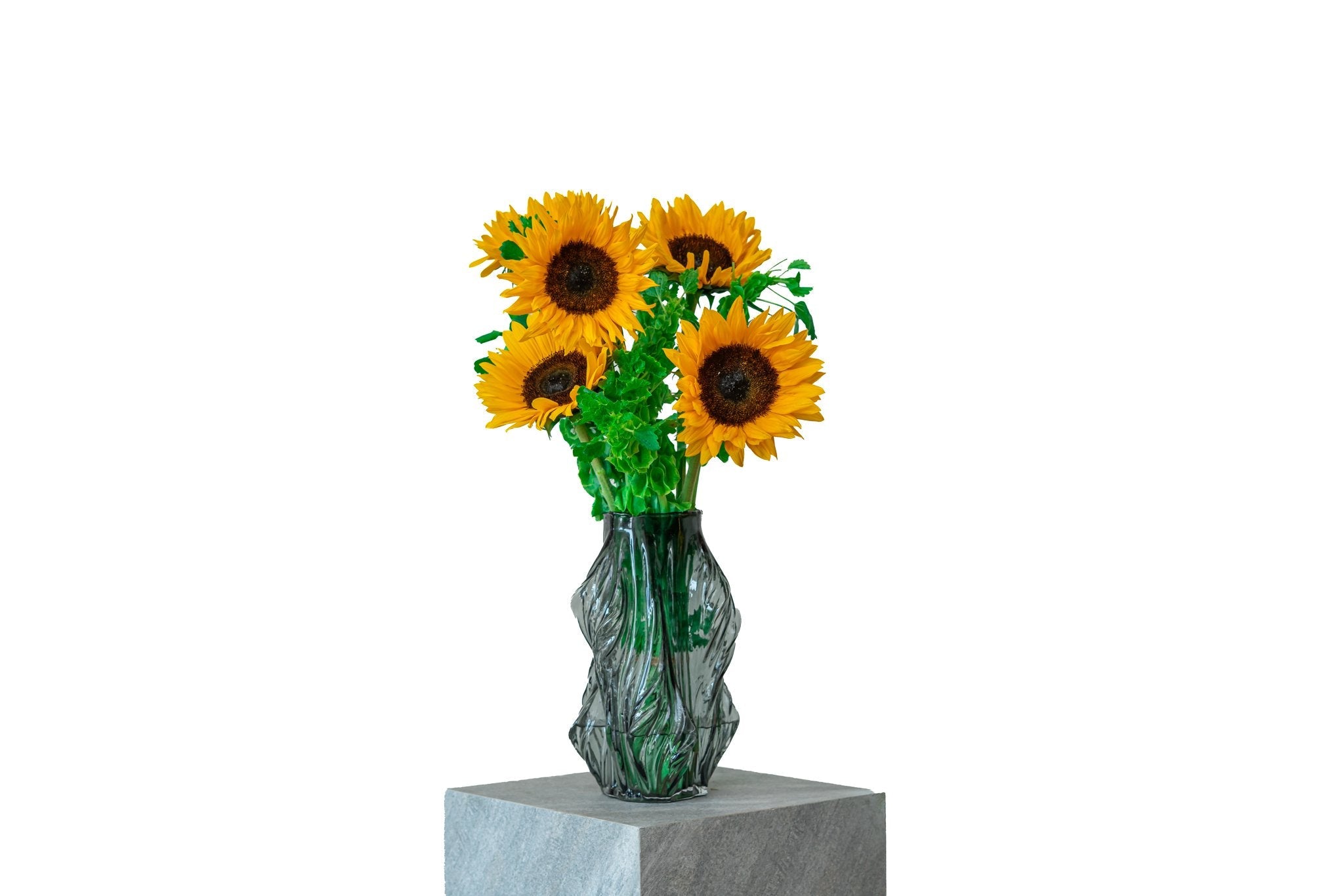 Solaris by FLORAL: sunflowers and bells of Ireland in the Crystal Wave vase