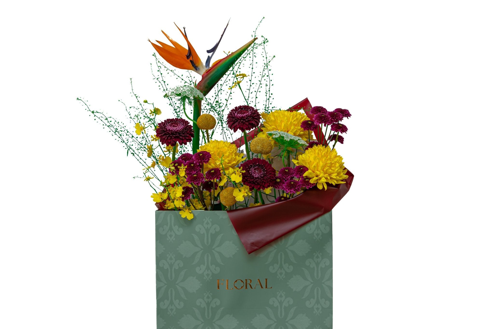 The Royal Bird by FLORAL: bird of paradise and yellow chrysanthemums