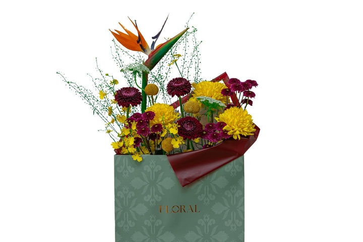 The Royal Bird by FLORAL: bird of paradise and yellow chrysanthemums