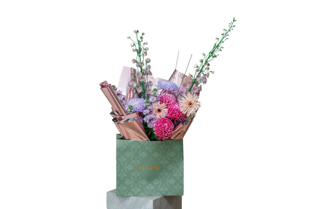 Violet Elegance by FLORAL: mauve delphinium and lavender stock